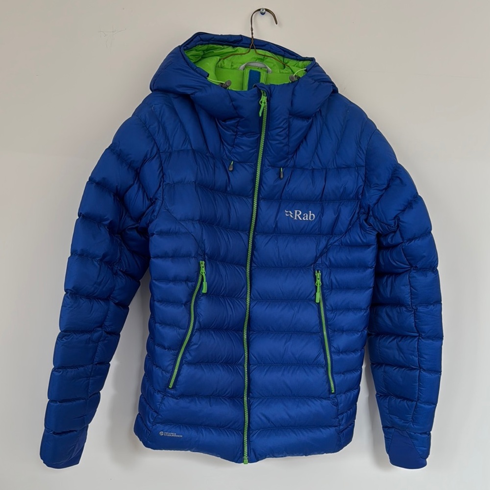 Blue and Green Puffer Jacket with Quilted Design and Attached Hood